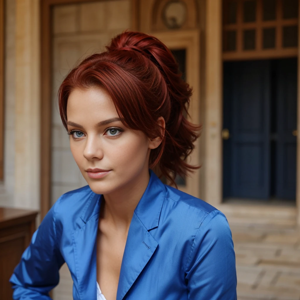 1 fille, cheveux longs, cheveux rouge, yeux bleus, debout, very beautiful, tenue bleu, pouvoir de feu,