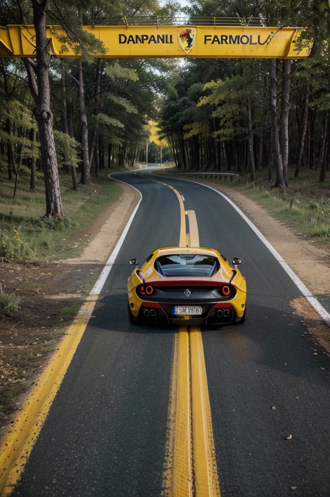 Un Ferrari de color amarillo derrapando en una curva de noche en un bosque 