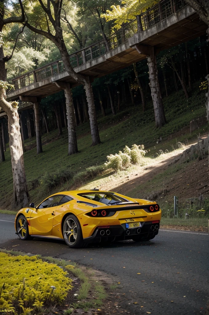 Un Ferrari de color amarillo derrapando en una curva de noche en un bosque