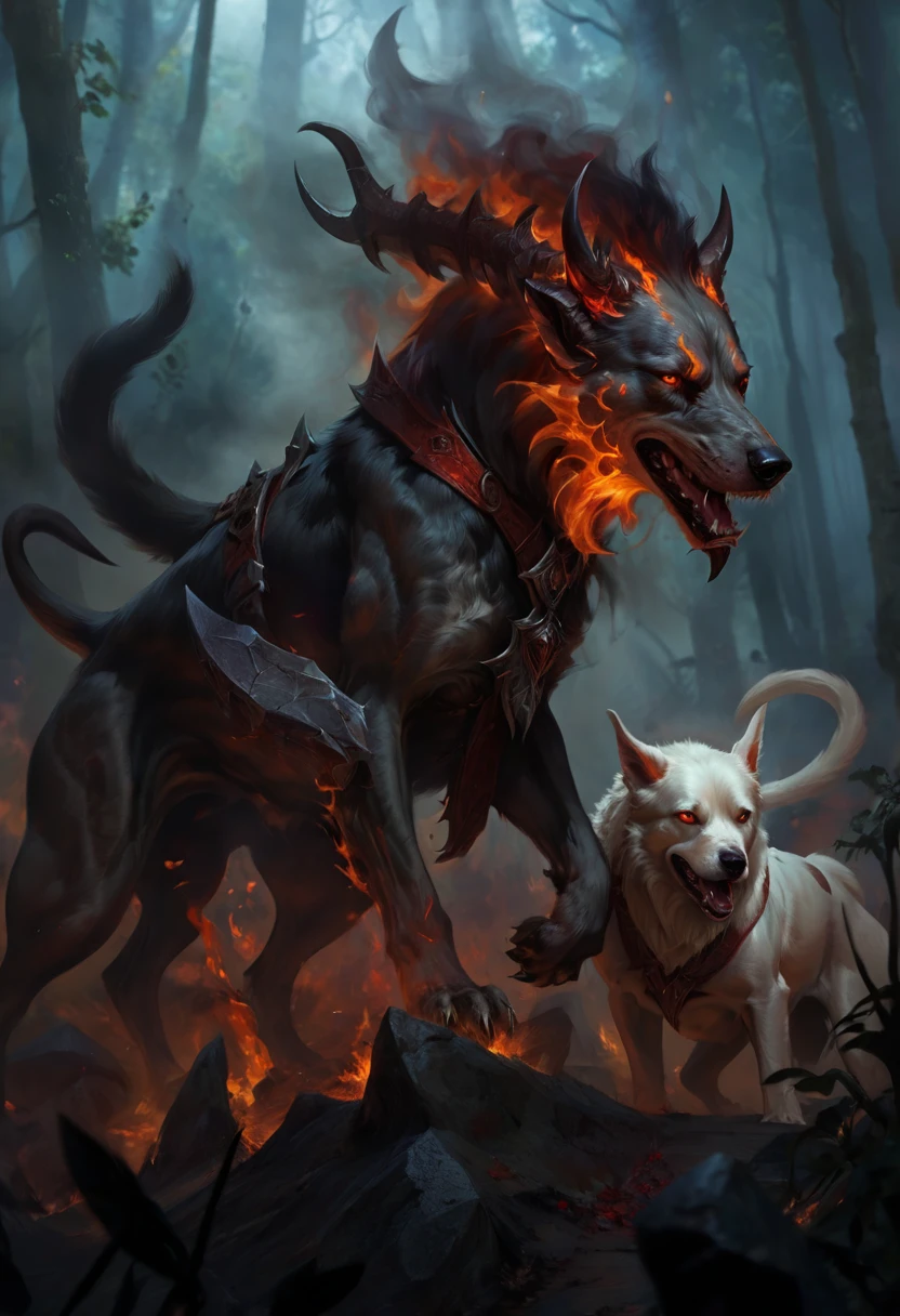 Hell hounds are cruel, intelligent hunters, particularly dangerous in packs. They are tireless trackers. Fire giants are natural allies, at least until the giant makes the mistake of treating the hell hound as a pet. Small knights who revere Asmodeus or another archdevil can use hell hounds as mounts. Disturbingly, there is a process by which common dogs can be slowly transformed into hell hounds. By feeding the animal a diet of cambion blood and sinister alchemical supplements, the hound slowly becomes more vicious as it gains fiendish qualities. A typical hell hound stands 4–5 feet tall at the shoulder and weighs 120 pounds. Efficient hunters, a favorite pack tactic is to surround prey quietly, then attack with one or two hounds, driving prey toward the rest of the pack with their fiery breath. If the prey doesn’t run, the pack closes in. Hell hounds track fleeing creatures relentlessly. Hell hounds are particularly favored by fire giants, as the creatures are immune to fire and share the fire giant’s sense of cruelty when it comes to handling intruders. Only when a fire giant goes too far toward treating a relatively intelligent hell hound like a pet do such alliances begin to falter. ((best quality, masterpiece, representative work, official art, professional, ultra intricately detailed, 8k)) ((very realistic))
