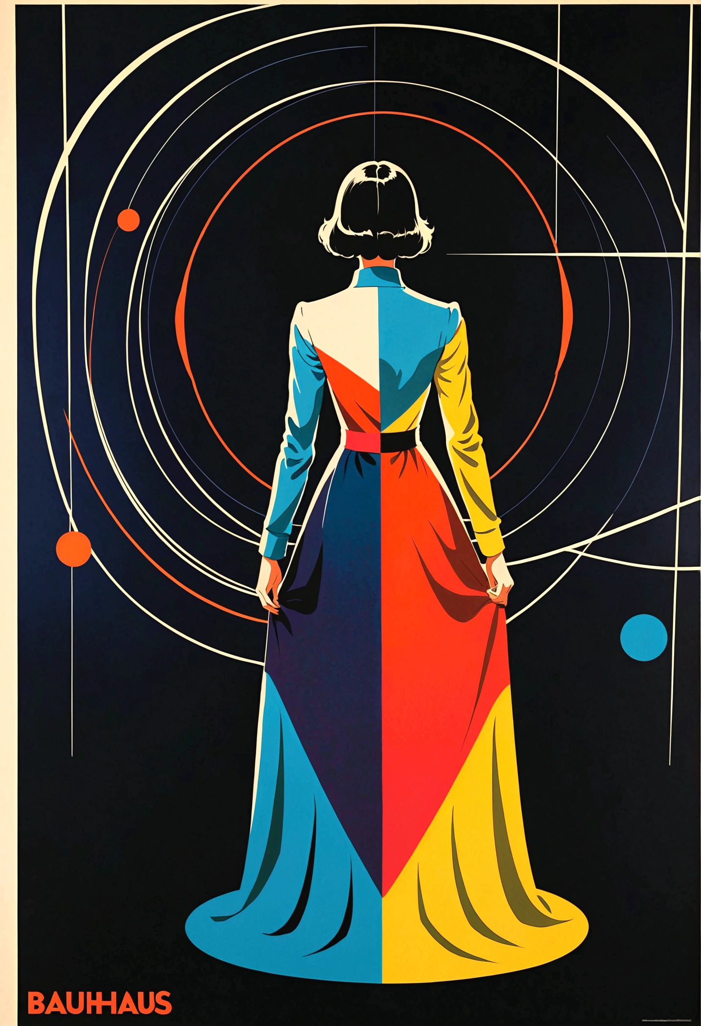 best quality, masterpiece, highres, 1girl, (Back View),space thriller movie poster, Bauhaus, shapes, lines, abstract,