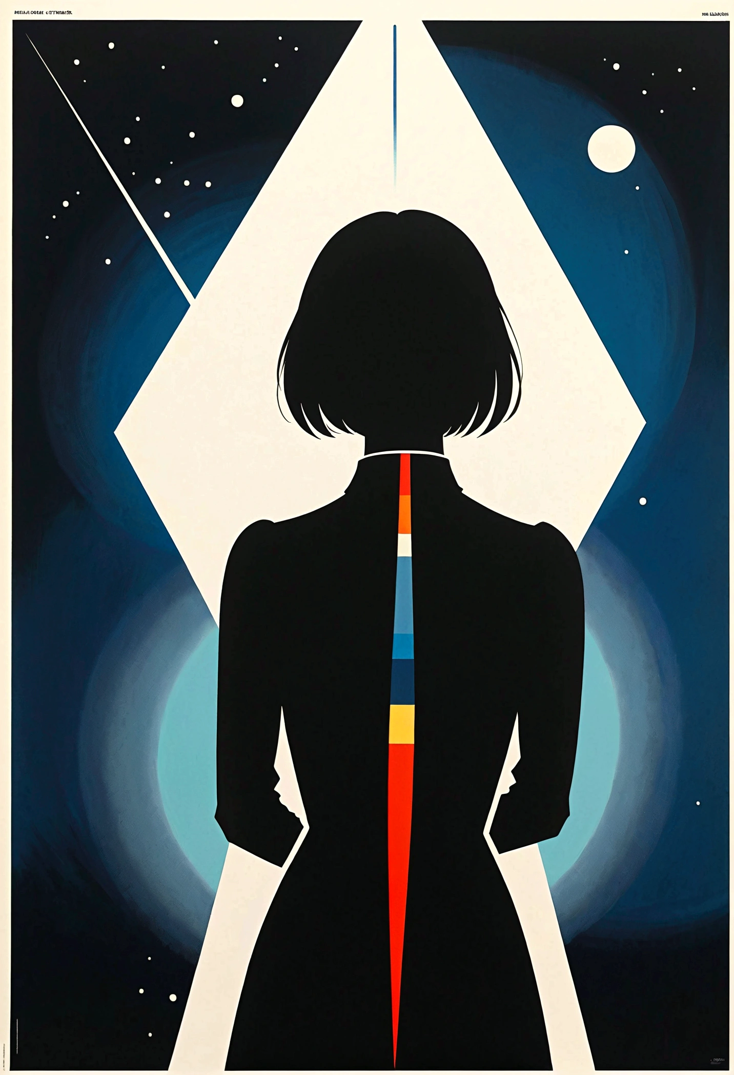 best quality, masterpiece, highres, 1girl, (Back View),space thriller movie poster, Bauhaus, shapes, lines, abstract,