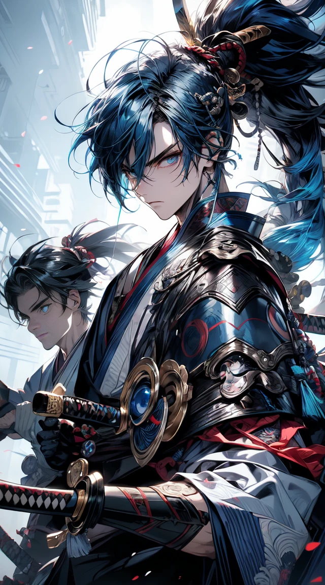 detailed eyes, detailed eye, detailed face, ultra high definition, retina, precise, anatomically correct, textured Skin, Blue hair, handsome, samurai, (( cool background)), katana, ( blue haired samurai boy ) (( full body ))
