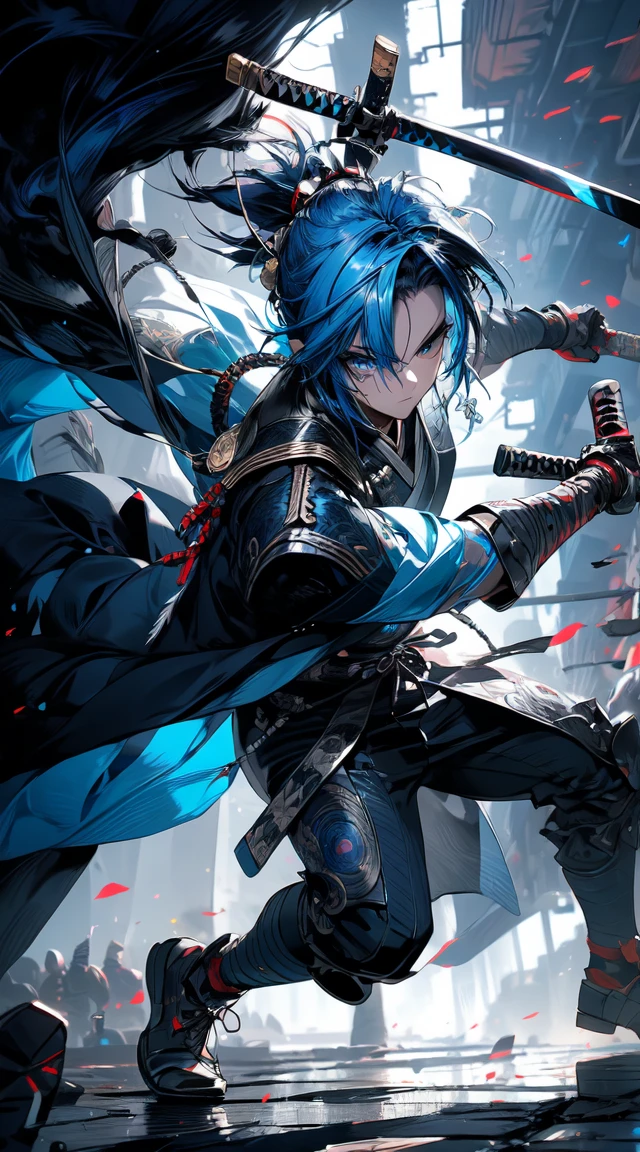 detailed eyes, detailed eye, detailed face, ultra high definition, retina, precise, anatomically correct, textured Skin, Blue hair, handsome, samurai, (( cool background)), katana, ( blue haired samurai boy ) (( full body ))