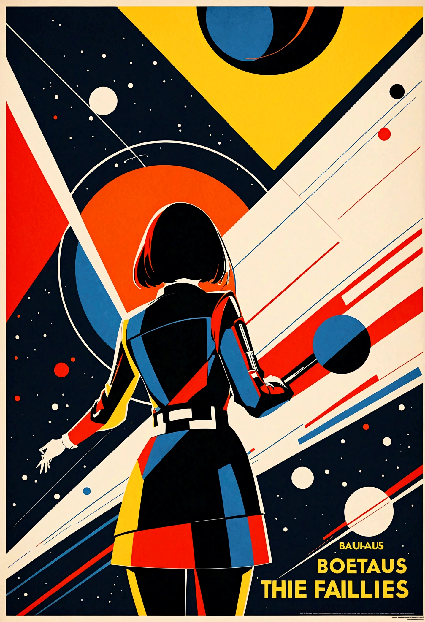 best quality, masterpiece, highres, 1girl, (Back View),space thriller movie poster, Bauhaus, shapes, lines, abstract,