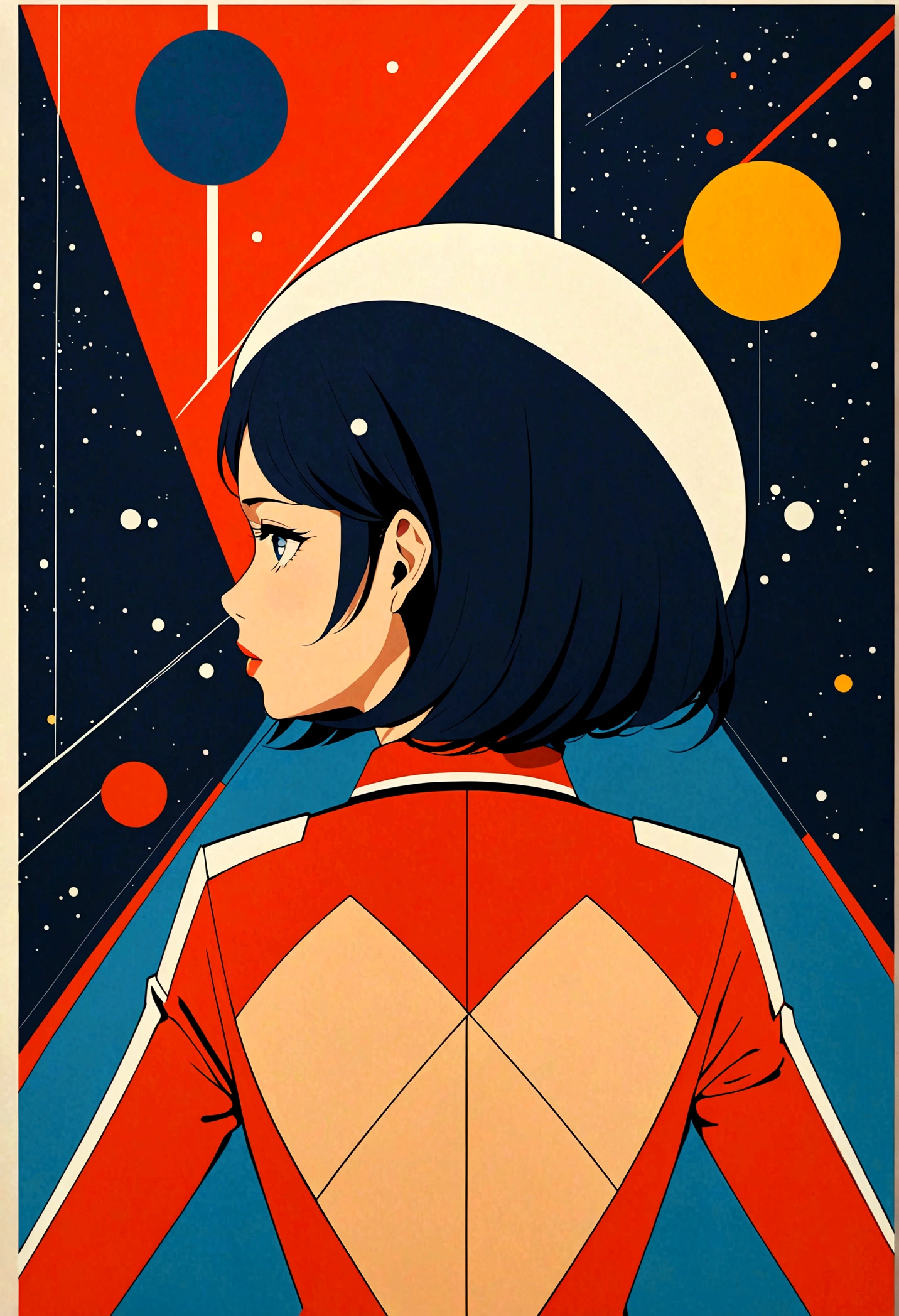 best quality, masterpiece, highres, 1girl, (Back View),space thriller movie poster, Bauhaus, shapes, lines, abstract,