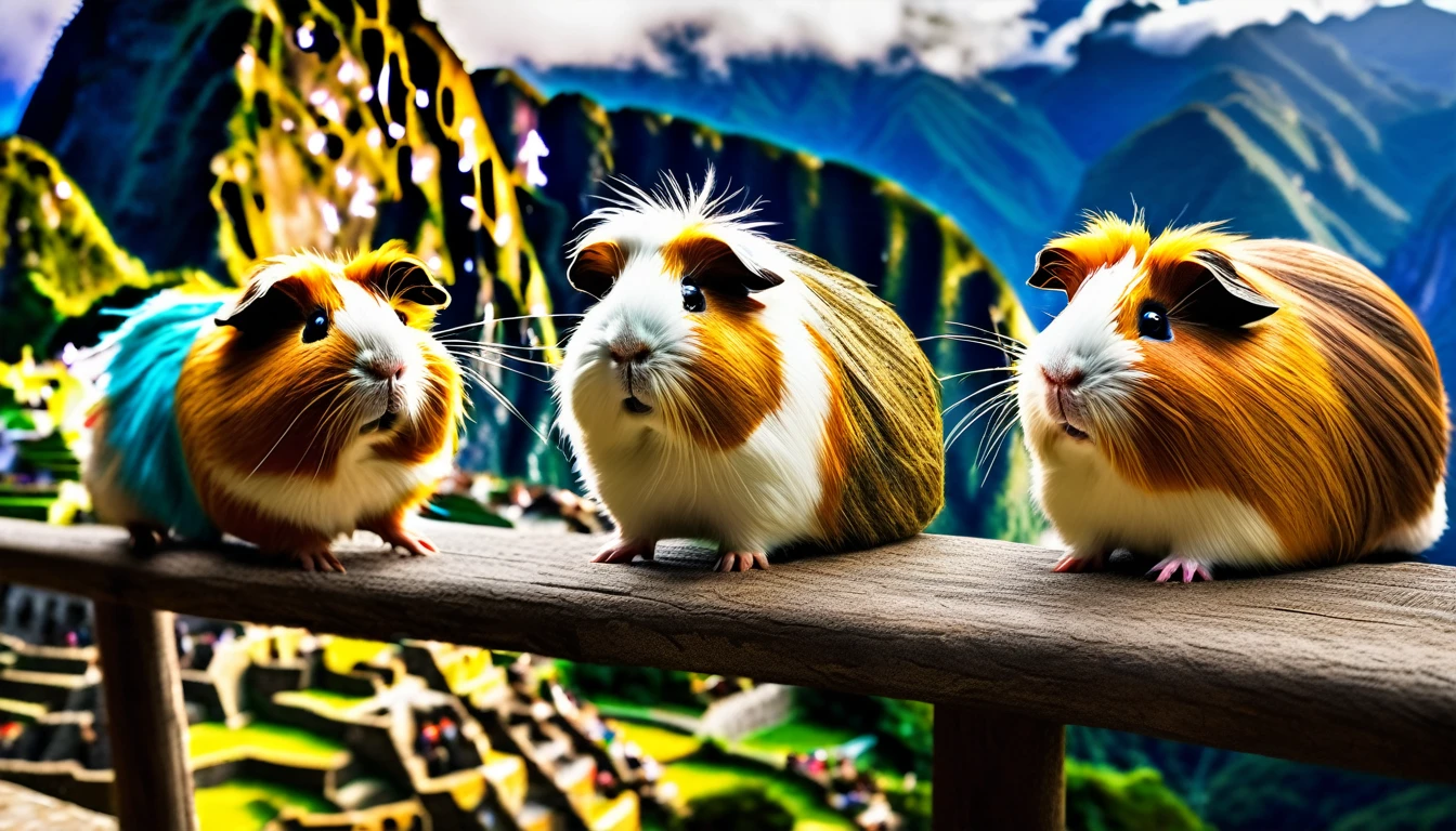 a hilarious photo of scared flying guinea pigs,guinea pigs flying in the wind,guinea pigs above machu picchu,machu picchu landscape,vibrant colors,dynamic action shot,cinematic lighting,highly detailed,photorealistic,8k,award winning photography,cinematic composition,dramatic angle,award-winning photo,stunning scenery,epic scale,beautiful skies,fluffy guinea pigs,realistic fur,expressive eyes,comical expressions,whimsical,playful,humorous,quirky