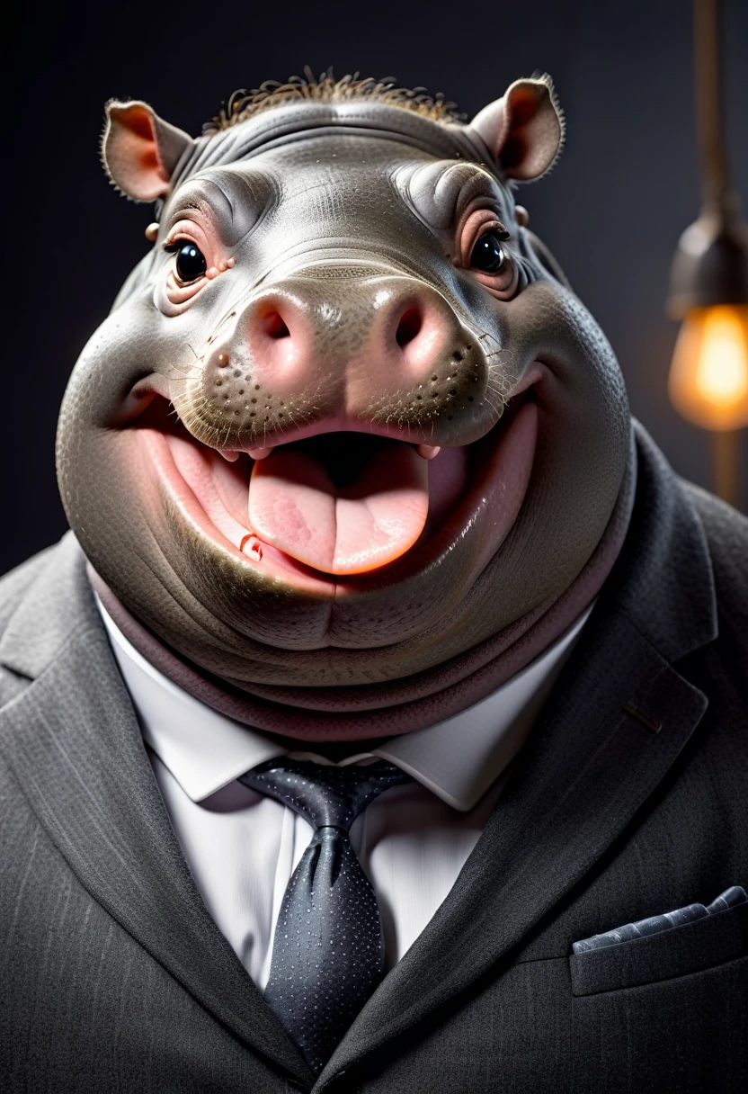 face close up photo of anthropomorphic fat hippo,(furry), dressed in a dark gray suit, (sticking out tongue:1.5),(happy smile:1.5),(playful:1.2), soft lighting, Cinematic, hdr, primitive, Intricate, High quality, smoothing tones, Intricate details, Low contrast,(viewed from side:2.0), (lookingto the side:1.5), simple background