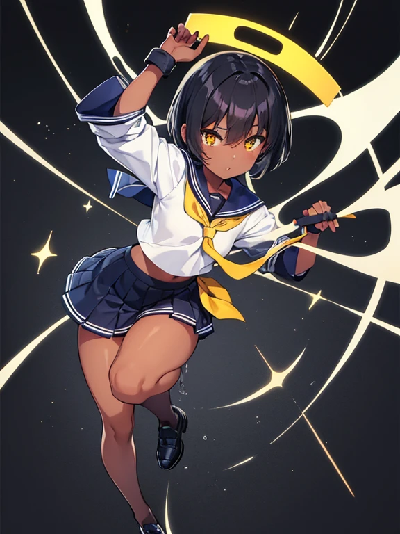 dark skin, short hair, yellow eyes, black hair, white and blue sailor uniform, red tie sailor uniform, beautiful girl, thin, black MMA glove, full body, white background