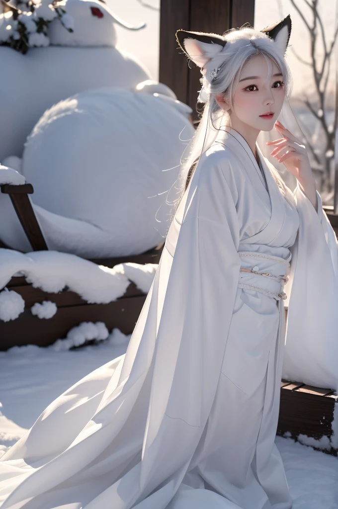 best quality, 8k, very delicate and beautiful, highly detailed face and skin texture, shiny skin, high resolution, white long hair japanese girl in white kimono with white fox ears and white fox tail on a snow, full body, sharp focus