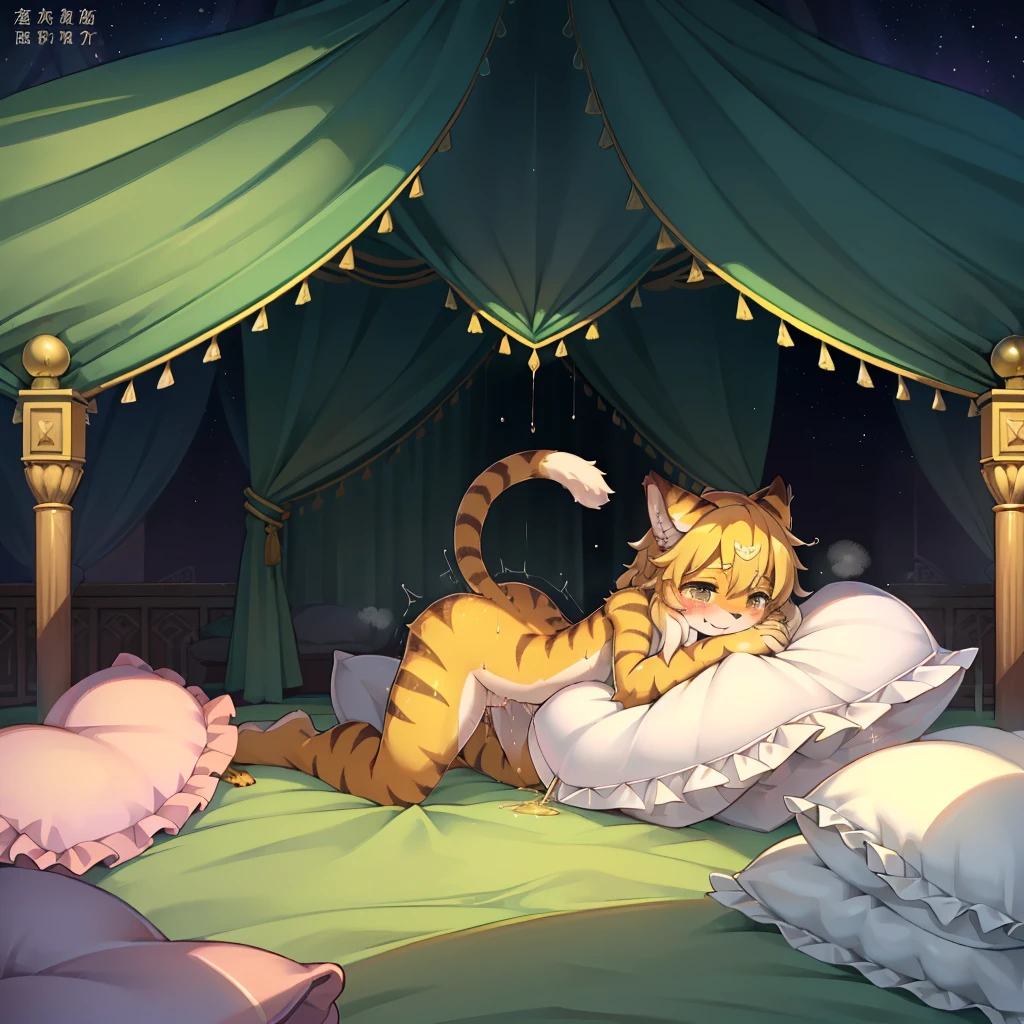 （masterpiece，best quality），my own, The Beast, , (适合任何Pillow背景的光影））, 穿着pajamas可爱女孩在Pillow上摆姿势 ，pajamas，Nature,, (blush),a smile，Pillow头,（很多Pillow），Soft cushion，，Soft pillow quotation，（Pillow损坏），很多Pillow，（Crotch rubbing），（（Pillow驼峰）），（Pillow），（A tail），，（粉色Pillow），（Love around the protagonist），Steam，（Pillow头），（），（豪华Pillow），（Pillow），（palace），（Palace bedroom），（Pillow），柔软的Pillow，，（Classical European style bedroom ），（excited，shy person，Lack of expressiveness，），，pillow humping,mia,tiger tail,tiger ears,Tiger pattern，，Sweat，，Sweaty，(Body swing，身体Shaking lines，Shaking lines)，best quality, masterpiece, ((Maximum resolution)), artwork, ，,,(Interior of the palace),(In the bedroom at night),(Deluxe Rococo Canopy King Bed),On a big and spacious bed,(the 女孩 is lying on the bed),Before bedtime,,,Luxurious curtains with ornate ruffles and ribbons surround the bed,((((There are many pillows piled on the bed)))),Detail of Quilt,Detailed bed sheets,Ruffled Bed Skirt,Deep Bed,Background with depth,((详细的Pillow)), ((((大量的Pillow))))，peeing，squatting，water,urine,Shaking lines，wetting pillows,Flowing liquid，Violent body shaking，剧烈Shaking lines，详细的软Pillow,,((女孩正躺在许多柔软的Pillow上,周围有许多Pillow))，Splashed liquid，Pillow和床上有水迹，caughtpeeing,Lots of liquids，urine everywhere