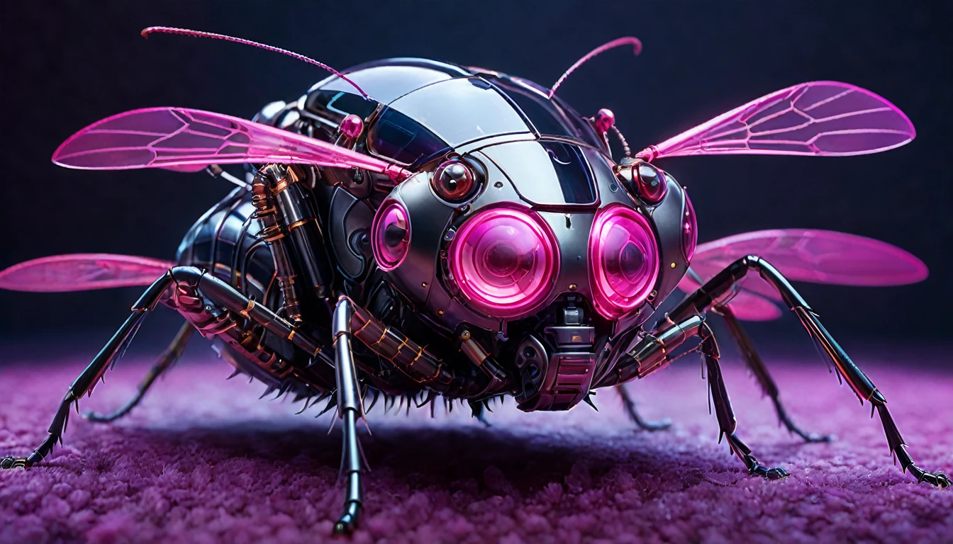 Futuristic Macro Photography of Insects, Demonstrating complex mechanical parts, With glowing pink trim, Full body composition, High-tech schematic background, Under soft studio lighting, Shooting from top to bottom, On a Canon EOS 5D Mark IV with a 100mm macro lens, Syd Mead Style.
