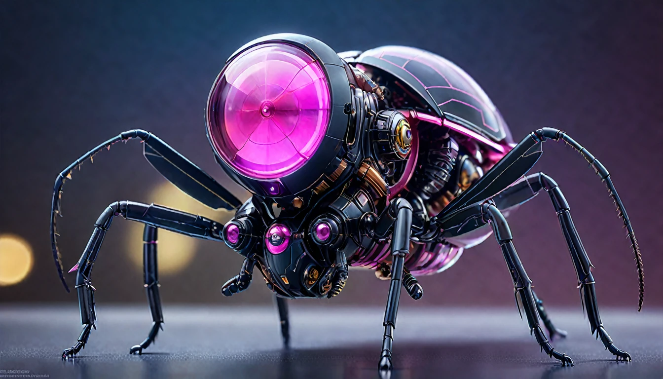 Futuristic Macro Photography of Insects, Demonstrating complex mechanical parts, With glowing pink trim, Full body composition, High-tech schematic background, Under soft studio lighting, Shooting from top to bottom, On a Canon EOS 5D Mark IV with a 100mm macro lens, Syd Mead Style.
