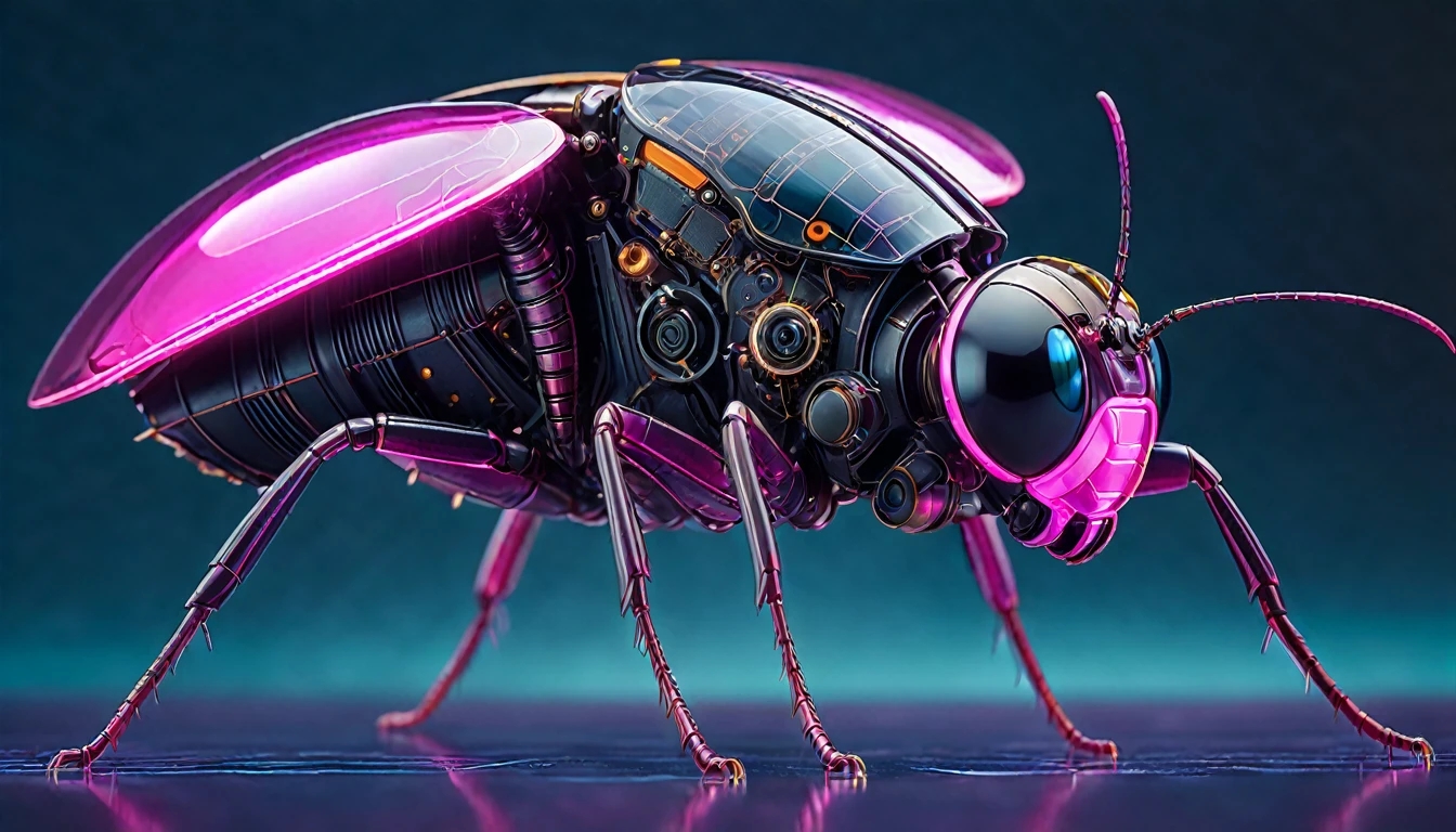 Futuristic Macro Photography of Insects, Demonstrating complex mechanical parts, With glowing pink trim, Full body composition, High-tech schematic background, Under soft studio lighting, Shooting from top to bottom, On a Canon EOS 5D Mark IV with a 100mm macro lens, Syd Mead Style.
