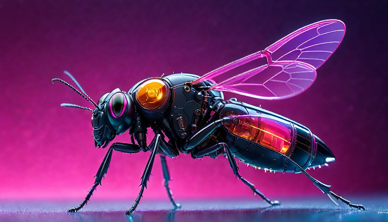 Futuristic Macro Photography of Insects, Demonstrating complex mechanical parts, With glowing pink trim, Full body composition, High-tech schematic background, Under soft studio lighting, Shooting from top to bottom, On a Canon EOS 5D Mark IV with a 100mm macro lens, Syd Mead Style.