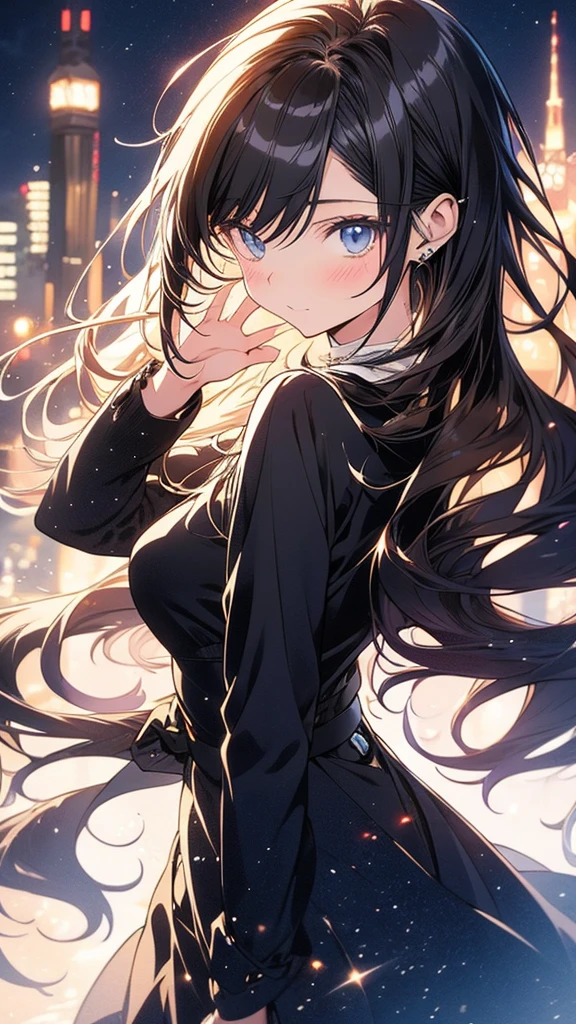 With anime style illustrations A age girl stood back, blue eyes, long brown hair flowing beautifully. Wearing a black suit, beautiful figure, half body image, city background at night.