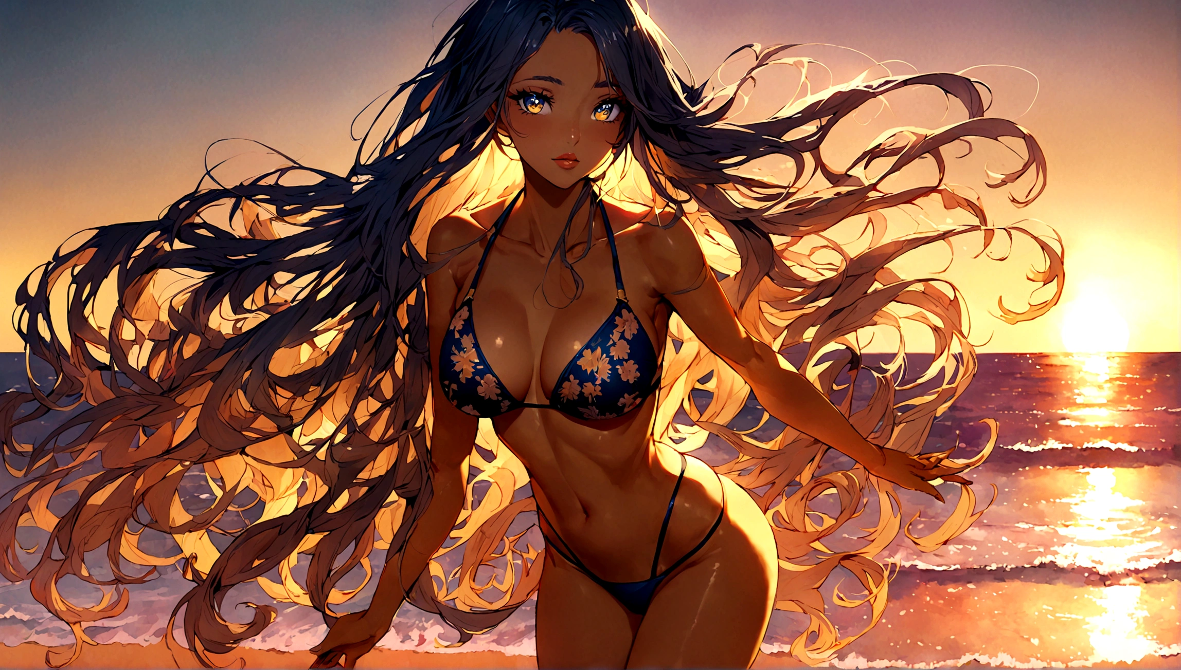 a sexy girl in a skimpy bikini standing on a tropical beach, long flowing hair, beautiful detailed eyes, beautiful detailed lips, extremely detailed face and skin, golden tan skin, slim fit athletic body, bikini with a floral pattern, sparkling blue ocean waves in the background, golden sunset sky, warm lighting