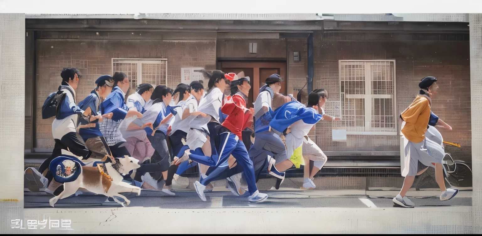 Painting of a group of people running on the street with a dog, author：Tajima Hiroyuki, by Ni Yuanlu, author Jang Seung-eop, by Li Zai, author Kim Hwan-gi, by Wen Zhenheng, by Liu Haisu, by Cheng Zhengkui, author：Sim Che Tsai, parody