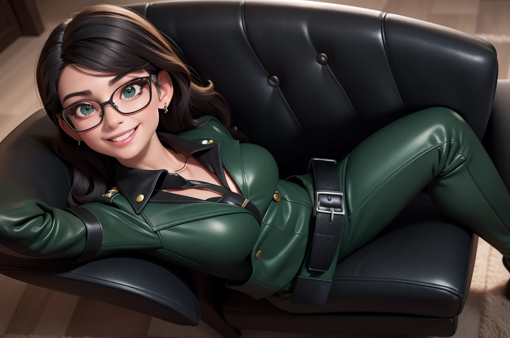 obra prima, melhor qualidade, (lauren boebert 70yo) big side smile, open mouth, licking lips, black medium length hair, black plastic glasses, pilot outfit, business blouse, necktie, (shiny bright green leather,) studs zippers, shiny leather gloves, body is skinny, laying back against couch cushion, arched back, arm between legs, overhead camera view, looking down at me, shallow depth of field, highres, HD, 8k, anatomically correct