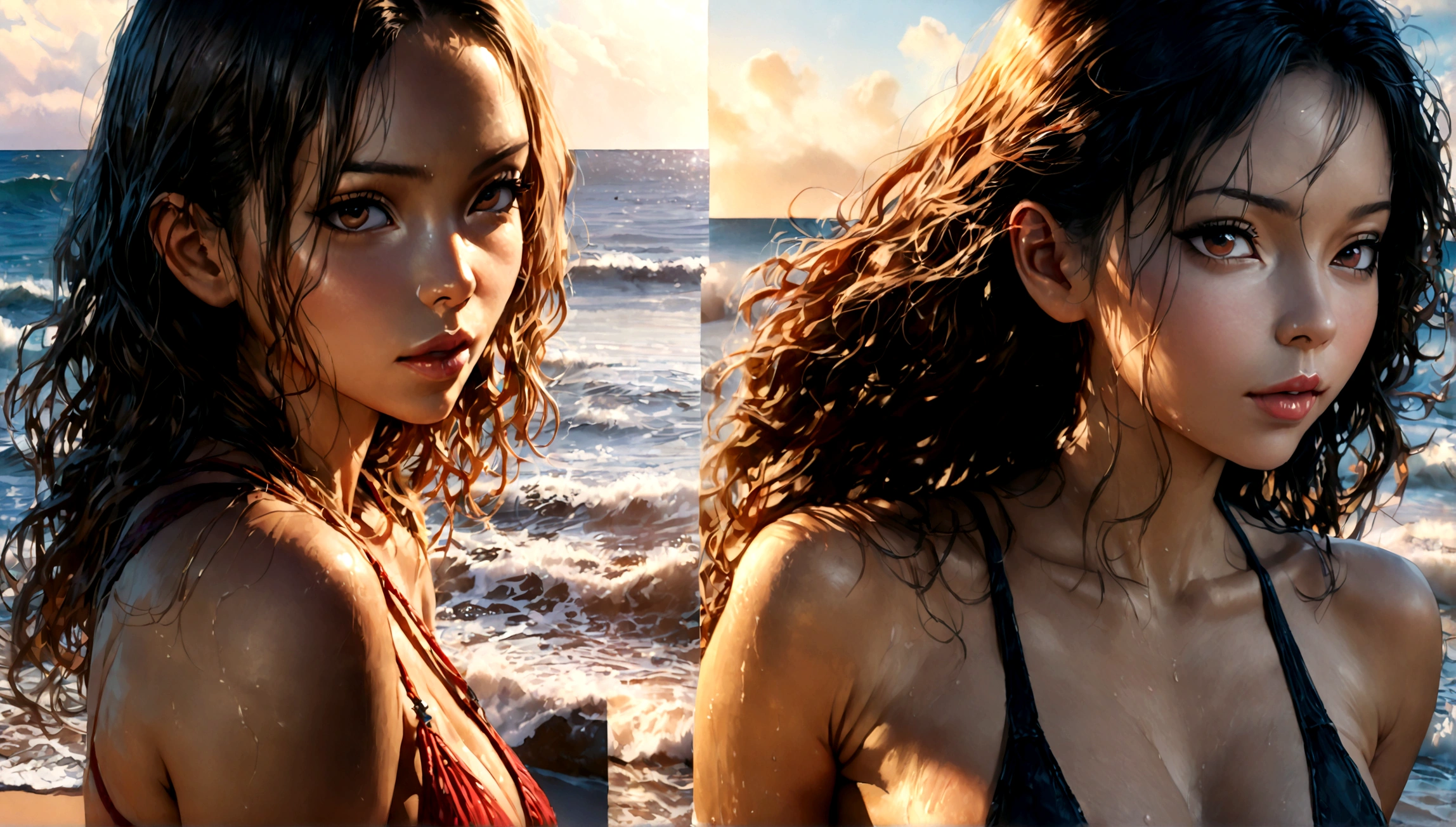 1. ((Masterpiece)), maximum quality, ultra-sharp details, ultra-high resolution 8k, ((a woman)), enjoying the sun on the beach, brown skin, curly hair, wearing thong panties, ((standing on her back)), long legs, big butt, extremely detailed and realistic.