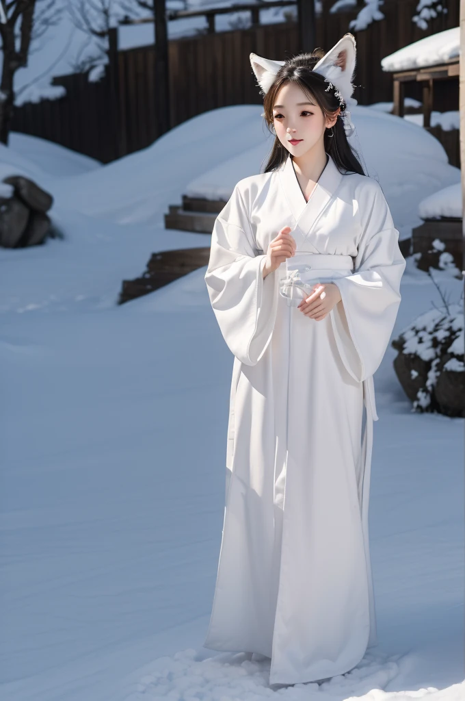 best quality, 8k, very delicate and beautiful, highly detailed face and skin texture, shiny skin, high resolution, white long hair japanese girl in white kimono with white fox ears and white fox tail on a snow, full body, sharp focus