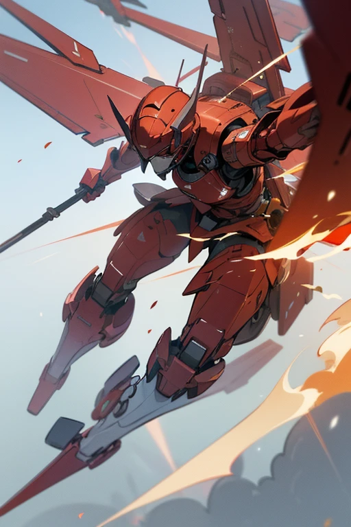 Absurd resolution, high resolution, (masterpiece: 1.4), hyper-detail, a mech, red armor with red wings, floating flight in the sky (1.8) background is wild, fire