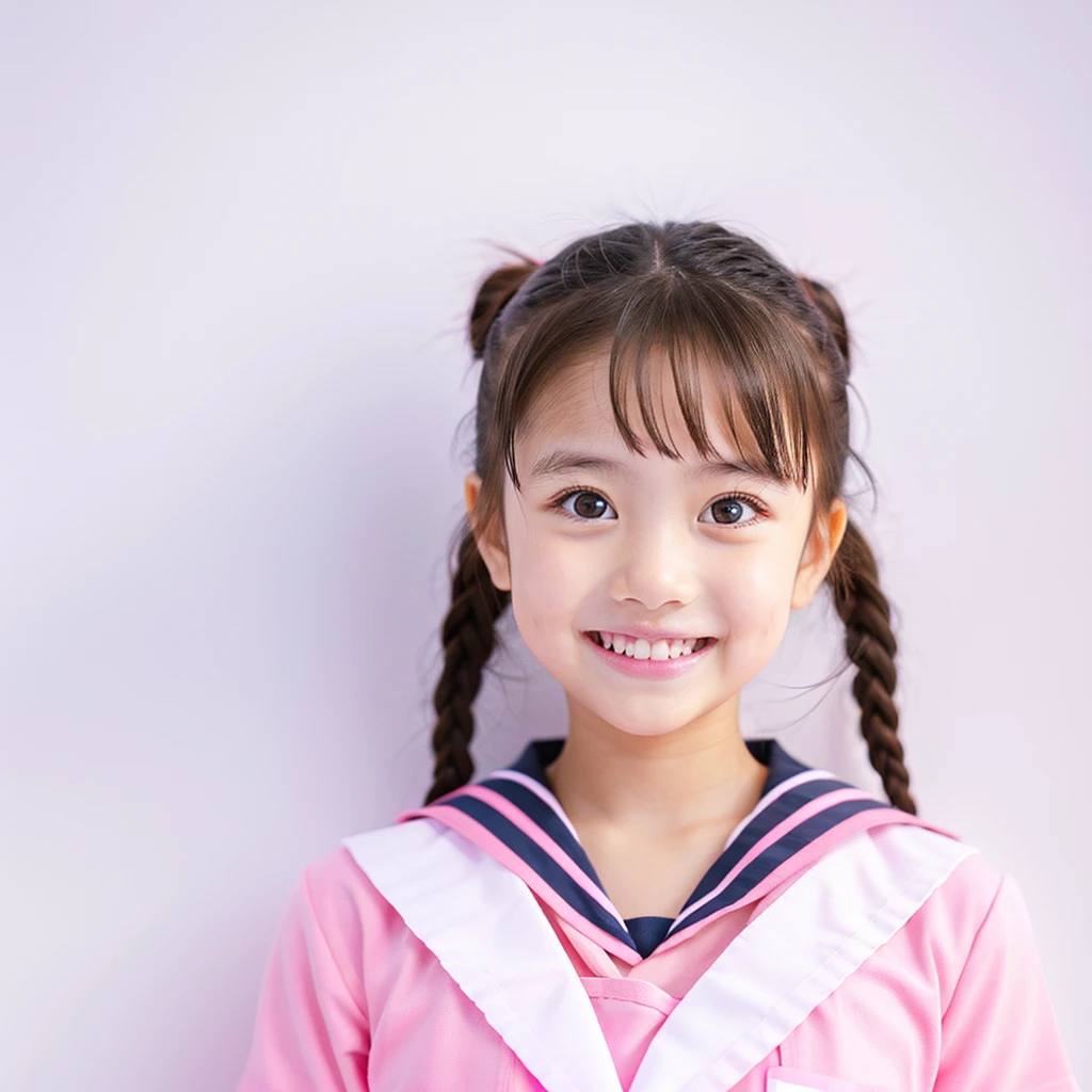 One girl, Pink Sailor Suit,  (Masterpiece), (Realistic), (Ultra fine), (beautiful),  White background,  RAW Photo, White Wall, Big eyes, Smile, 