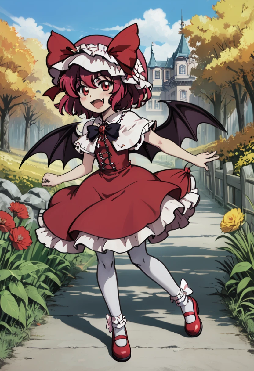 shinku, capelet, dress, bonnet, bow, ribbon, pantyhose, shoes, masterpiece, best quality, 1girl, outdoors, nature, vampire, vampire fangs, sadistic smile, bat wings 