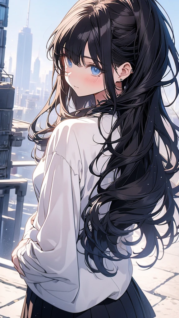 With anime style illustrations A girl stood with her back facing the city, blue eyes, long brown hair flowing beautifully, showing her back. Wearing a black suit, in good shape.