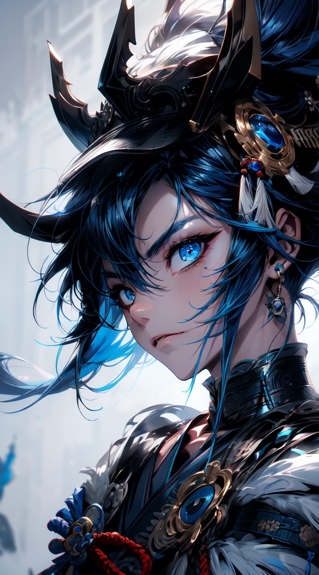 detailed eyes, detailed eye, detailed face, ultra high definition, retina, precise, anatomically correct, textured Skin, Blue hair, handsome, samurai, (( cool background)), katana, ( blue haired samurai boy ) (( full body ))