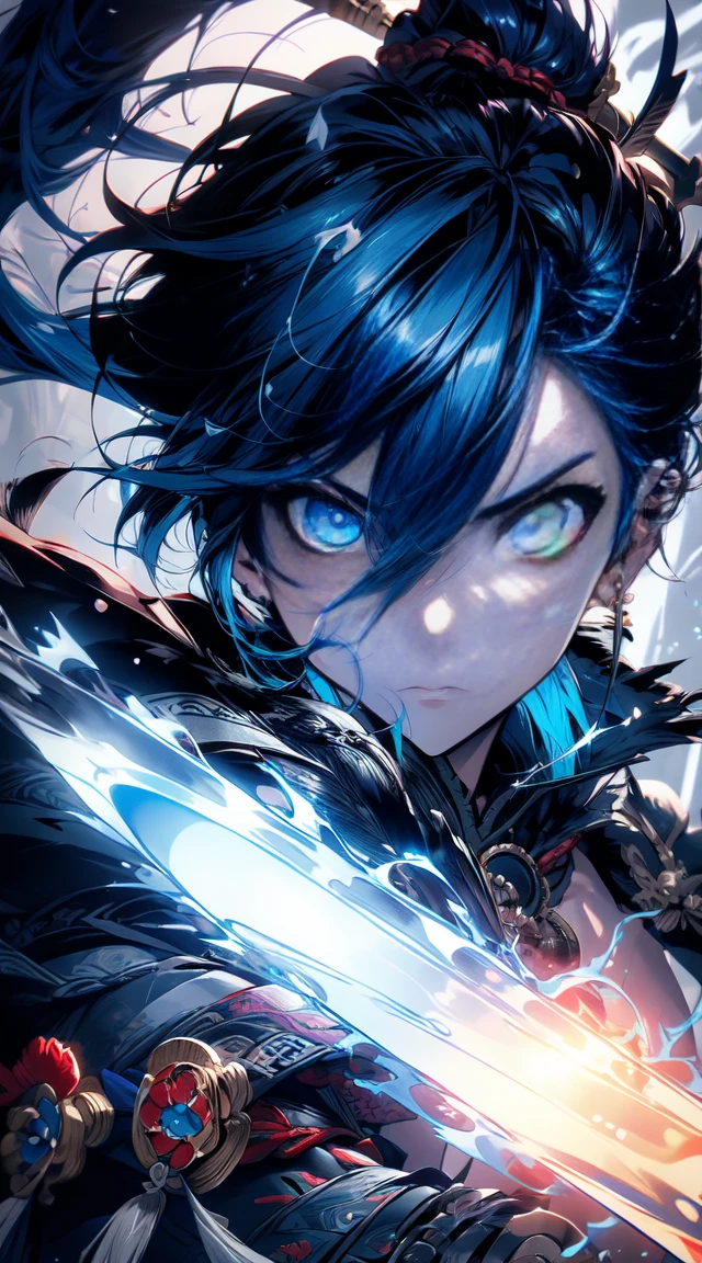 detailed eyes, detailed eye, detailed face, ultra high definition, retina, precise, anatomically correct, textured Skin, Blue hair, handsome, samurai, (( cool background)), katana, ( blue haired samurai boy ) (( full body ))