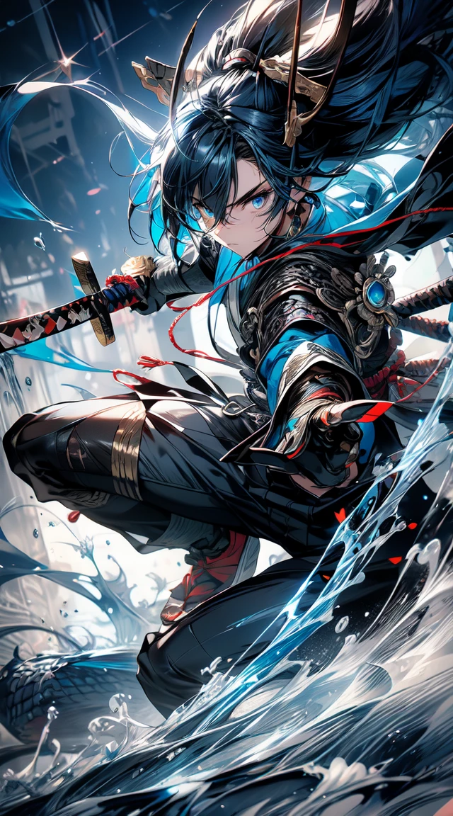 detailed eyes, detailed eye, detailed face, ultra high definition, retina, precise, anatomically correct, textured Skin, Blue hair, handsome, samurai, (( cool background)), katana, ( blue haired samurai boy ) (( full body ))