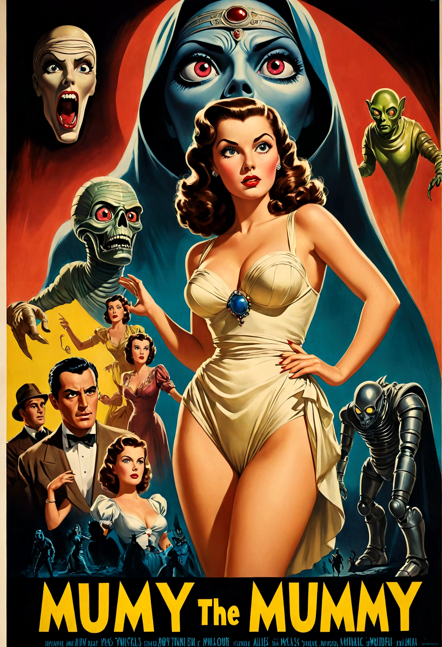 A 40s style movie poster, a buxom belle with a colorful retro outfit is recoiled in terror as The Mummy, Dracula, and an Alien Robot close in on her, dramatic shadows, overly dramatic