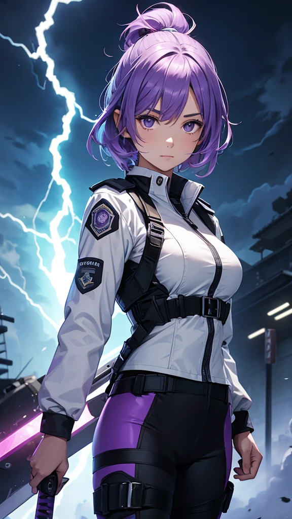 Girl in a police suit holding a sword on a lightning background with purple hair  