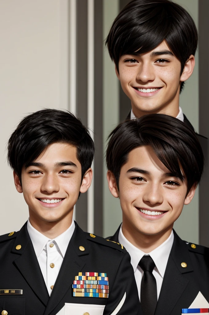 Young man with short black hair, slanted dark brown eyes with small freckles and a cute smile, in addition to having the uniform from the anime Boku no hero academia in anime style