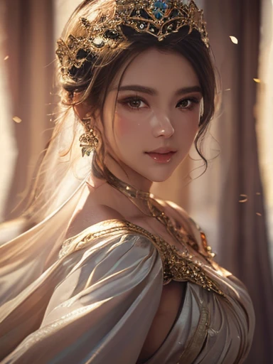 (Masterpiece), best quality, highest quality, highly detailed CG unity 8k wallpaper, original, high resolution, (depth of field: 1.5), fidelity: 1.3, 1 girl, curtains, solo, earrings, royal, princess,happy