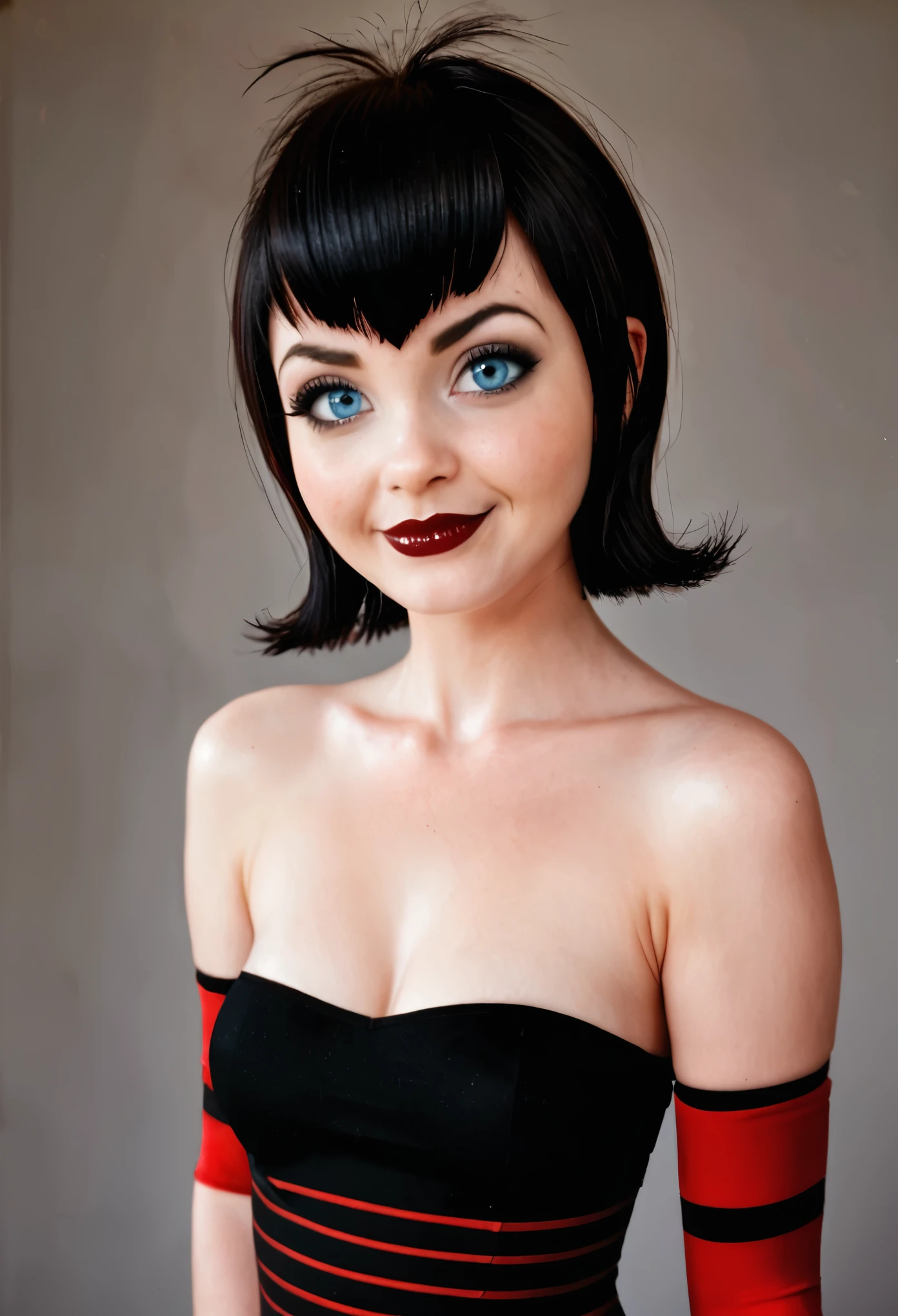 Realistic, 1 girl,Mavis Dracula from the Hotel Transylvania, half body portrait,movie shoot, 18 years old,
