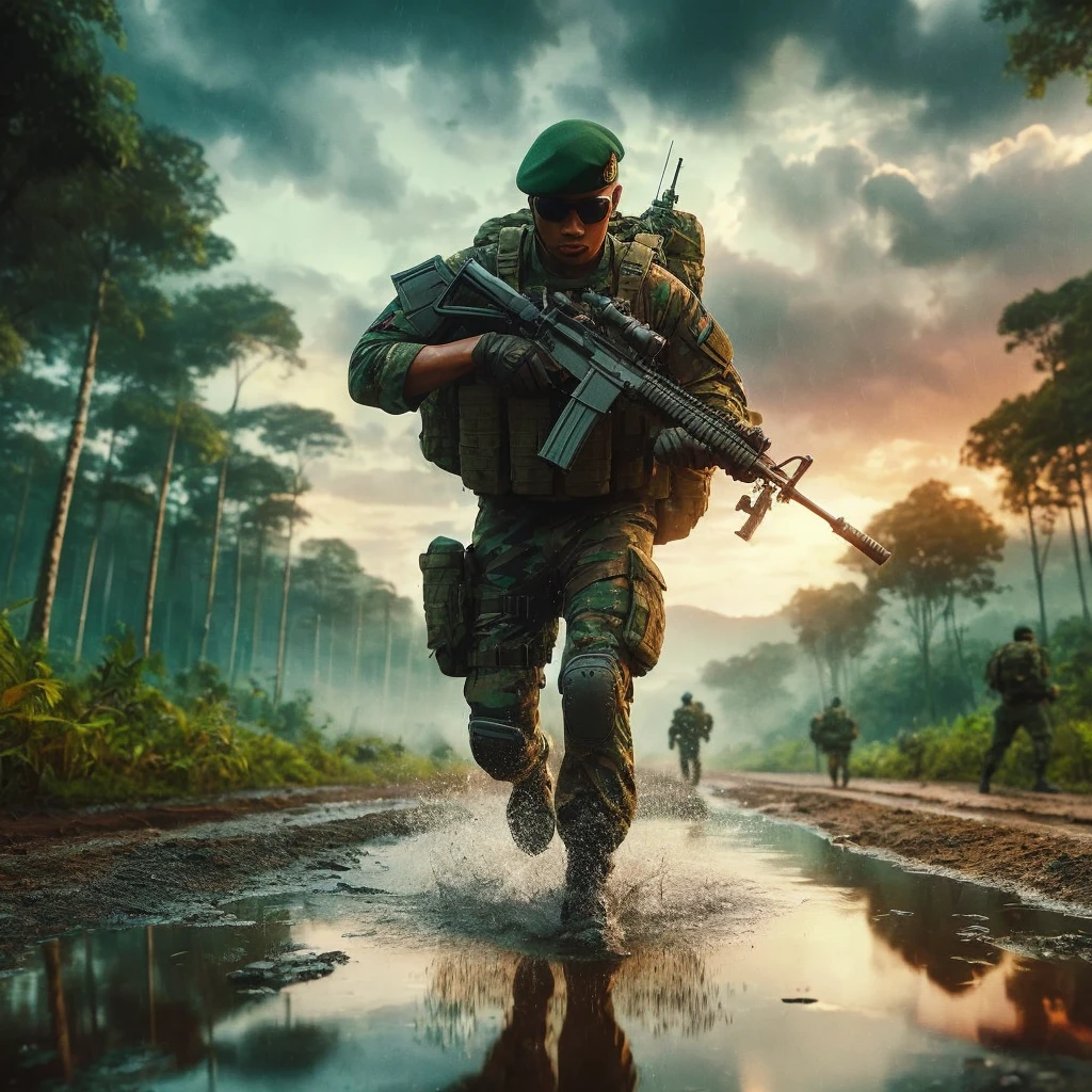 flat landscape. color and shades. heavy combat gear fit an indonesian army man with backpack and rifle. green beret. buzz cut hair. full view. from puddle reflection side. water splash. running through rain forest path. sunset. ultra realistic. xHDRi. Super detailed. cinematic.
