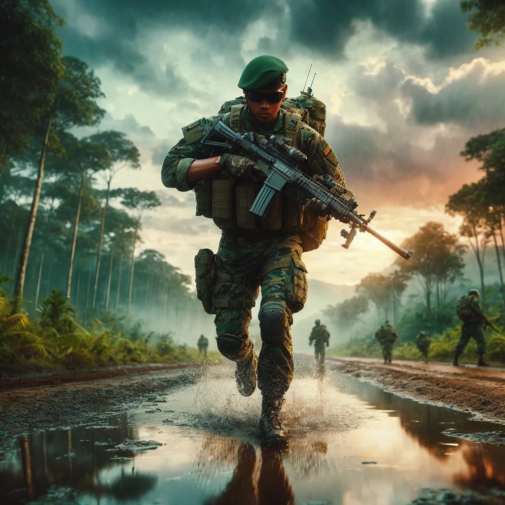 flat landscape. color and shades. heavy combat gear fit an indonesian army man with backpack and rifle. green beret. buzz cut hair. full view. from puddle reflection side. water splash. running through rain forest path. sunset. ultra realistic. xHDRi. Super detailed. cinematic.