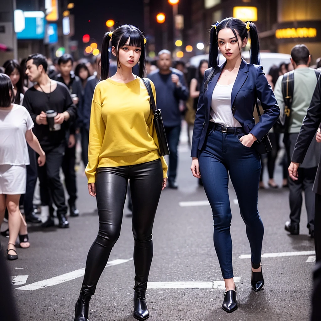 (One very tall, good looking woman,Navy Blue Hair,Her hairstyle is twin tails that expose her forehead., yellow eyes,Medium chest,Dynamic Angle Tall)Thick Black１Color ,Black trousers,Downtown Shibuya at night