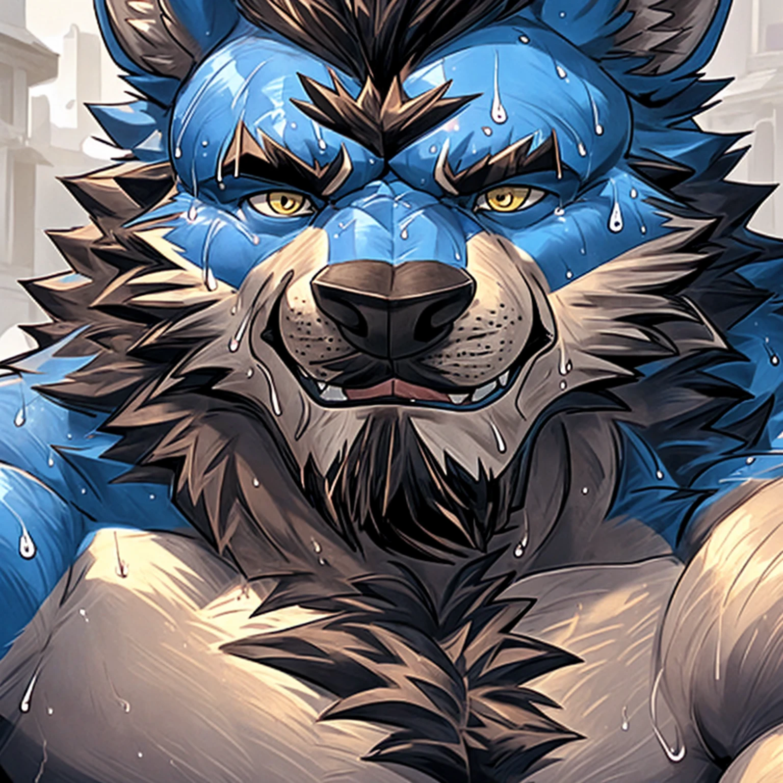 Alone, capi_ORCBEAR, muscle, maduro, Old wolf, intestinal muscle, big belly, calnçan, large, Male mature, old. (((naked, facing viewer, closeup of face))),beard blue, moustache on white , eyes yellow, big huge chest in fur blue, claws in five,( sweat:1.4)