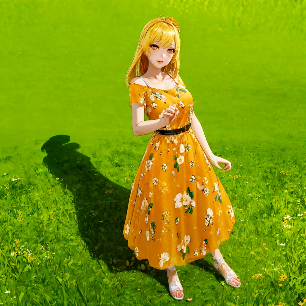 There is a 3D image of a woman in a yellow dress, whole body:: sunny::, dressed in a Floral Dress, Floral Dress, Cute 3D anime girl render, Anime-style 3D, Wearing a long floral dress, Lori, highly detailed whole body, Fashion Gameplay Screenshots, whole body shot hyperdetailed, sunny meadow