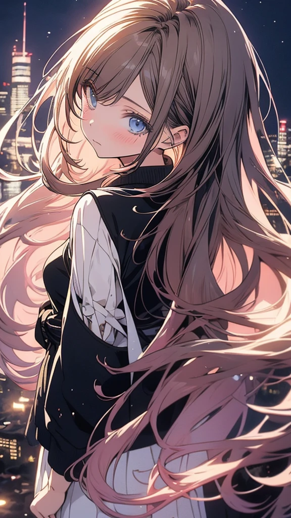 With anime style illustrations A teenage girl stood with her back turned. Surrounded by a city, blue eyes, long brown hair blowing beautifully. Wearing a black suit, in good shape.