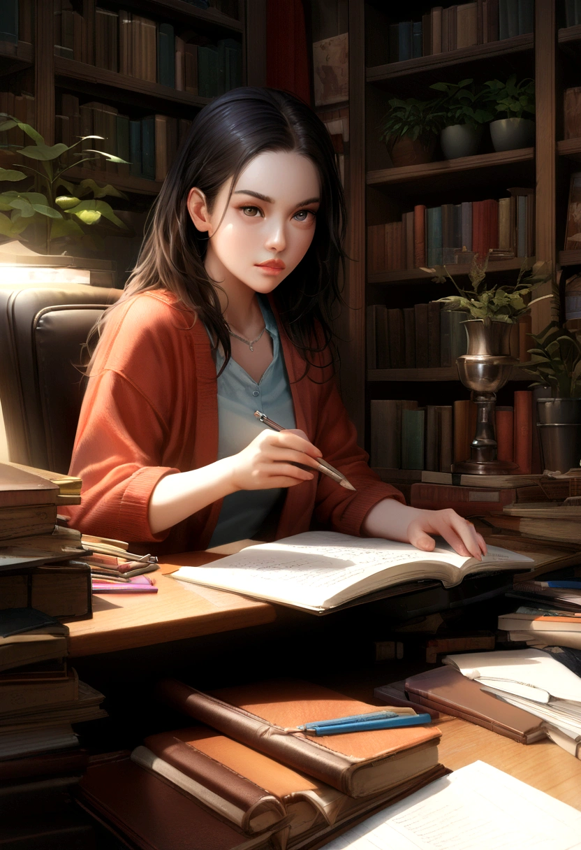 (best quality, highres, ultra-detailed, realistic:1.37), a girl sitting on a red chair, studying with a computer on the desk. The girl has beautiful detailed eyes, long eyelashes, and beautiful detailed lips. She is wearing casual clothes. The room is well-lit with natural light. She is deeply focused and has a serious expression on her face. The desk is cluttered with books, notebooks, and stationery. The walls are painted in a warm color, creating a cozy atmosphere. The chair has a comfortable cushion. The computer on the desk has a large display and a sleek design. The girl is surrounded by shelves filled with books and plants, creating a calm and studious environment. The scene is captured in a photorealistic style, with vivid colors and sharp focus. size is 1800 x 500
