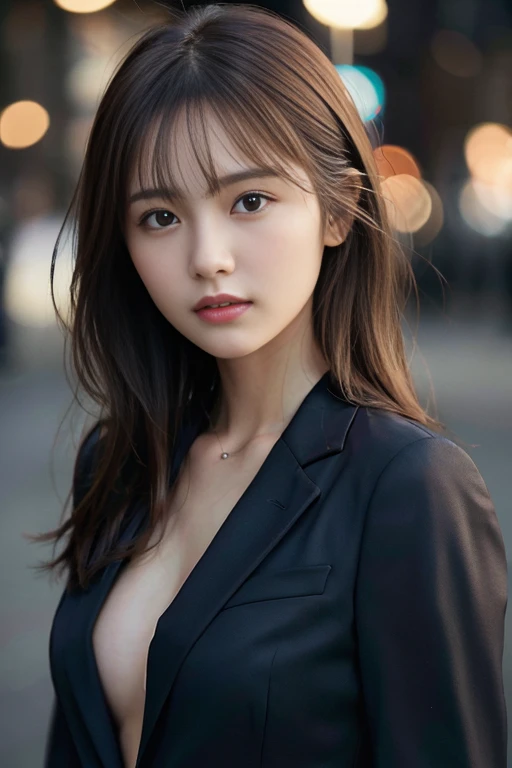 looking viewer, Totally loves you, Black Tailored Suit, Suit jacket, V-neck shirt, night view at night, dark brown hair, Small breasts, a necklace, Close-up portrait
BREAK
masterpiece, (best quality:1.2), ultra highres, (photorealistic:1.4), (extremely perfect anatomy body parts), realism, natural light, depth of fields, Detailed Background, perfect composition,highly detailed, detailed face, extremely detailed, ultra-detailed, 8K wallpaper, extremely awesome detailed, dynamic lighting, deep shadows, photorealistic, realistic face, well-groomed face,
