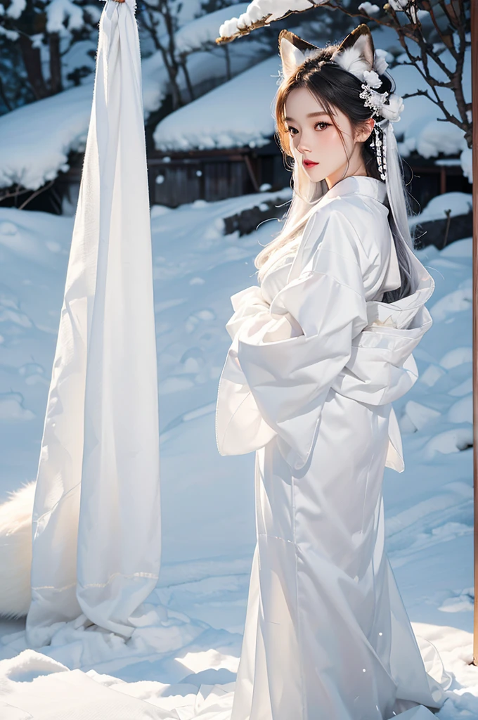 best quality, 8k, very delicate and beautiful, highly detailed face and skin texture, shiny skin, high resolution, white long hair japanese girl in white kimono with white fox ears and white fox tail on a snow hill, full body, sharp focus