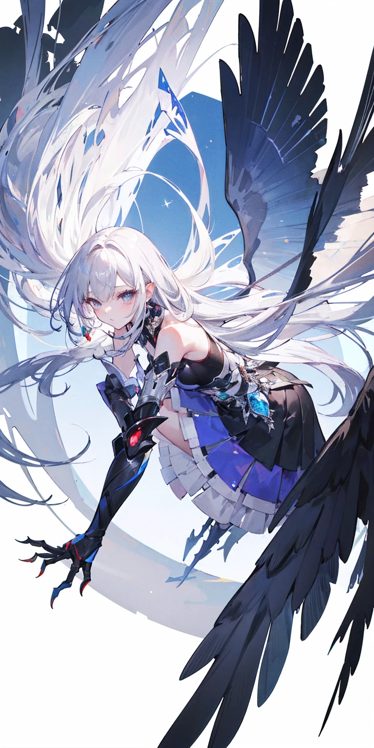 Big Perspective，Wide Angle，Impactful graphics，floating，sideways，Character Close-up，4K，masterpiece，best quality，ruins，(Transparent skirt，black background)，Clear，master，Various actions，Full body portrait,portrait,1 female, (Mature)，Long face，Pointed face，White long hair，Fairy，gemstone crow，Wings Dress,  Mecha,Fairy air，ribbon， diamond, Bare shoulders, crow, Looking at the audience, in the sky, fLight, Vibrant colors, Light, masterpiece, best quality, flight，Mature，asymmetrical clothes，HighLights，Long skirt，Own，Personal Photography