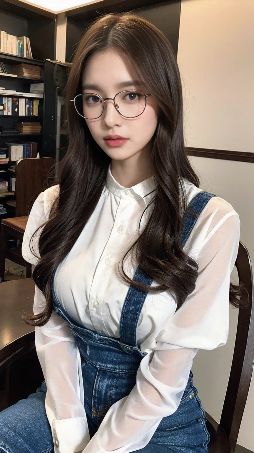 alone, One girl, masterpiece, highest quality, Very detailed, Cinema Lighting, Intricate details, High resolution, Official Art, Beautifully detailed face and eyes, High resolutionのイラスト, 8k, Dark intense shadows, Exposure, [Blonde Hair/Brown Hair], Single Blade, blue eyes, Glasses, Conceit, Sitting in a chair, Upper Body, Big Breasts, White shirt, Yellow suspenders, Book_stack, library, ((vine)), Rose, Looking at the audience