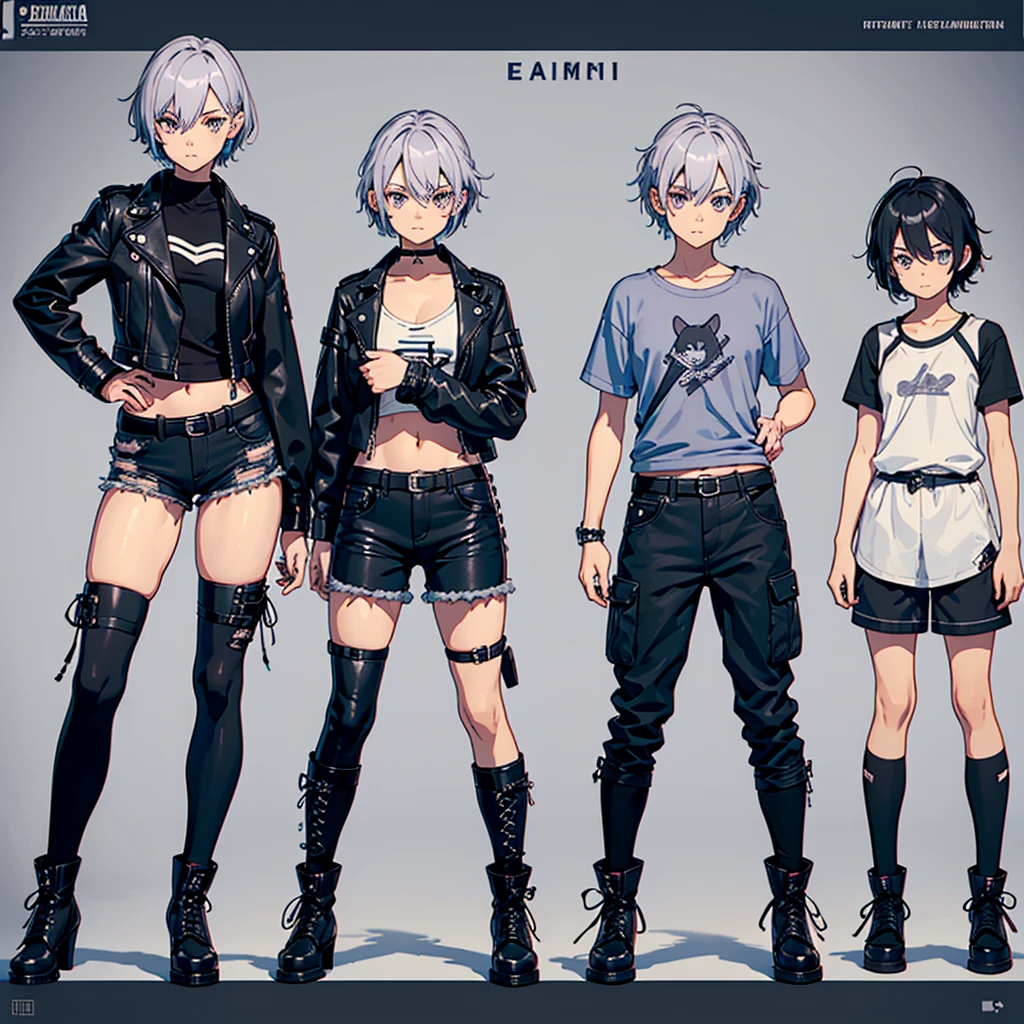 create a character sheet for Eulália Draha, a piscopath with a half-punk, half-cute style, 16 years old, fair skin, short platinum hair and lilac highlights, blue and gray eyes, short-sleeved shirt with the belly showing dark wine, black jacket black leather jacket, teddy bear hair clip, dark denim shorts with a torn teddy bear hanging on the side of the shorts and medium-high boots, (with emphasis on the teddy bear hanging on the shorts' belt)(anime style)(varied positions)(several positions) (full body)(open arms)(body and face side ways)(body and face from the front)(from the head to the boots)character sheet(full body)body and sideways(body and sideways)caracter sheet(full body)(character sheet)(varied positions)(character sheet)varied positions)(character sheet)(full body)character sheet