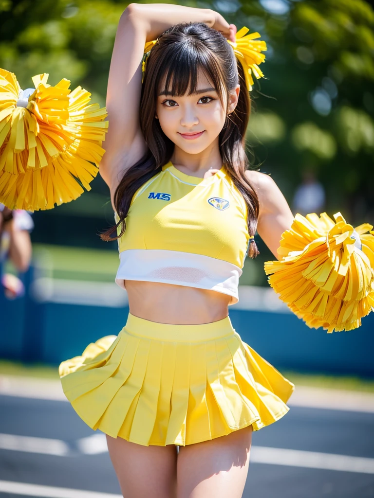 (Best-quality, Masterpiece, Ultra-High-Resolution, (Photorealistic:1.4), Raw Photo, depth of field, professional lighting, perfect anatomy, extremely details), 1girl, the most famous Japanese idol, (wearing yellow cheerleading-sleeveless-long-shirt on upper body, wearing yellow cheerleading-pleated-skirt over white cheerleading-panties on lower body), ((extremely cute face, ((extremely cute big-eyes)), extremely cute hair), ((extremely beautiful and extremely realistic skins))), extremely beautiful thighs, extremely beautiful legs, dynamic pose, looking at viewer, innocent smile, ((detailed yellow-cheerleading-sleeveless-long-shirt):1.2), ((detailed yellow-cheerleading-pleated-skirt):1.2), ((detailed white-cheerleading-panties-with-cute-design):1.33)